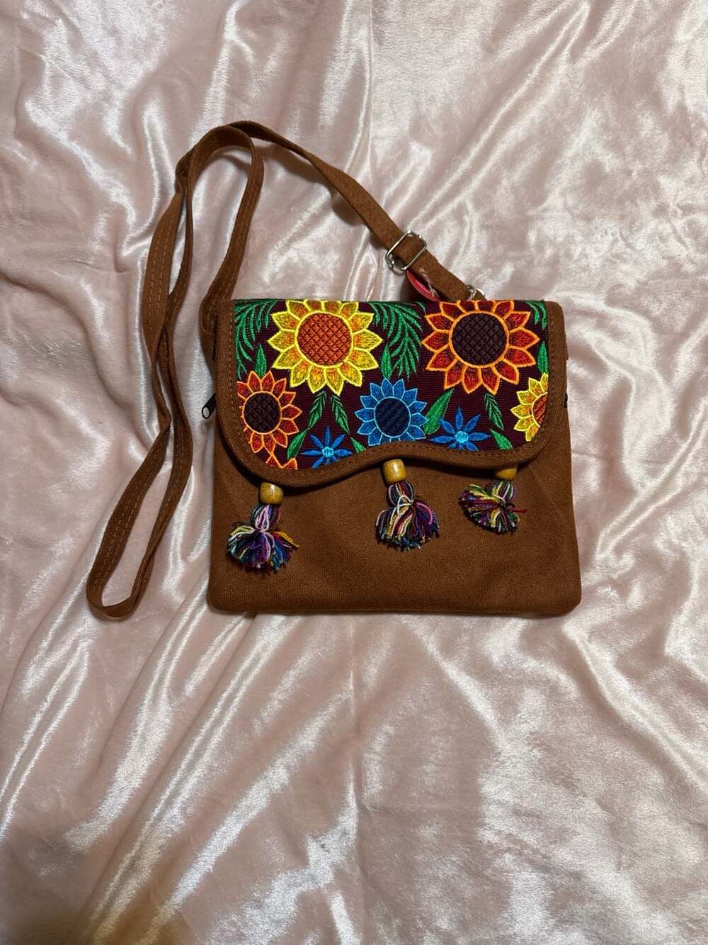 Handmade Mexican Sunflower Embroidered Suede Canvas Crossbody Bag with Tassels